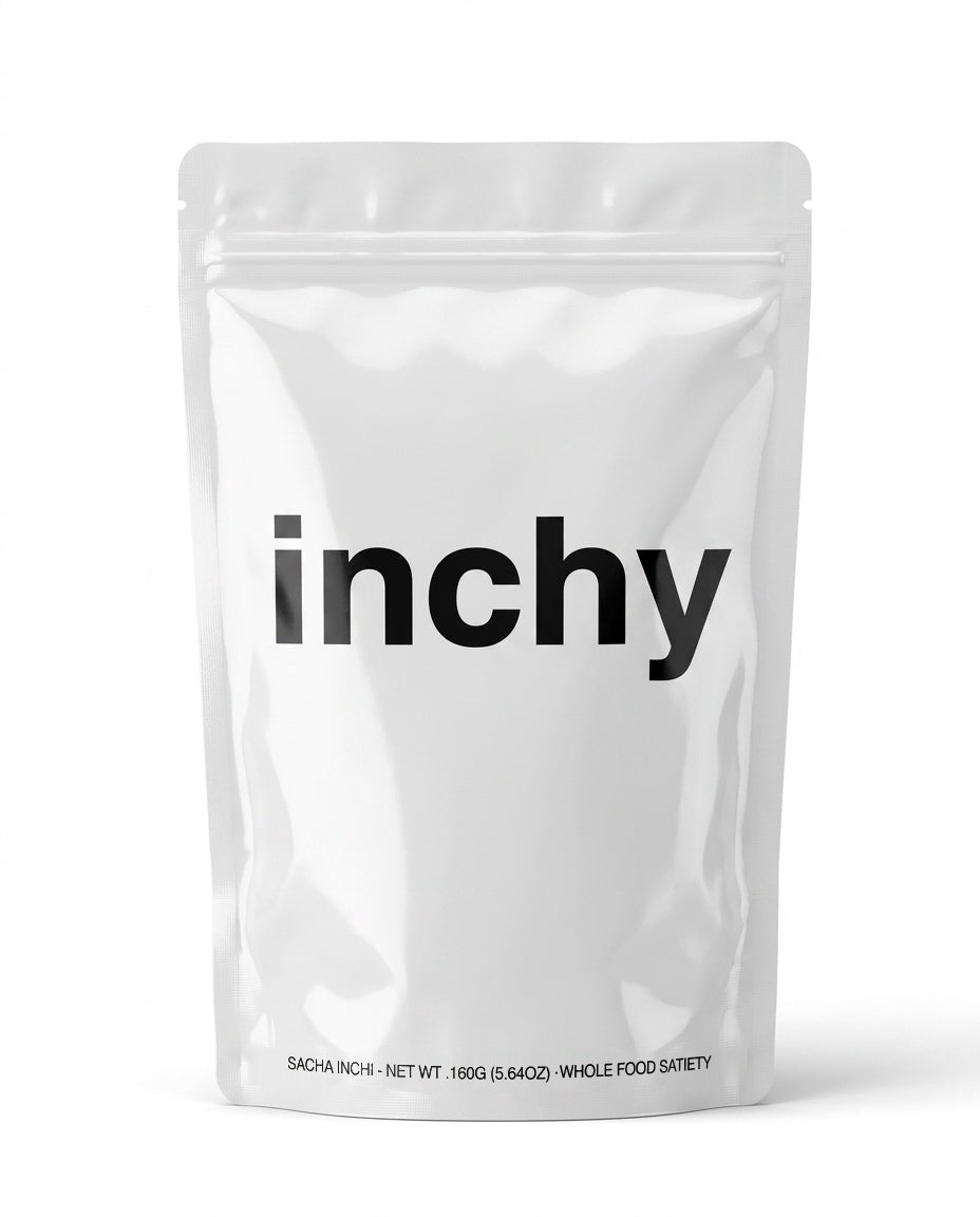 INCHY sacha inchi pouch — white resealable packaging with black inchy wordmark